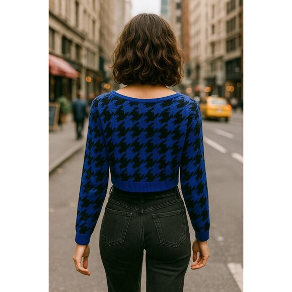 36 Point 5 Small Blue Black Houndstooth Crop Sweater Bold Knit Streetwear - Picture 5 of 11